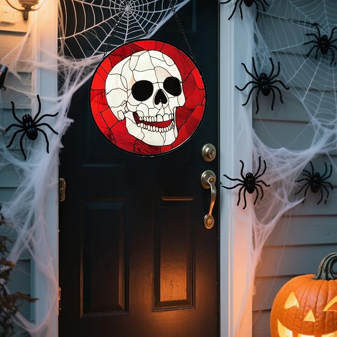 Stained Glass Window Hanging - Halloween Decoration White Skeleton Skull Suncatcher for Door Garden Spooky Red Sun Catchers Gothic Decor Horror Gifts for Women Men Friend Boy Girl 6.3 in