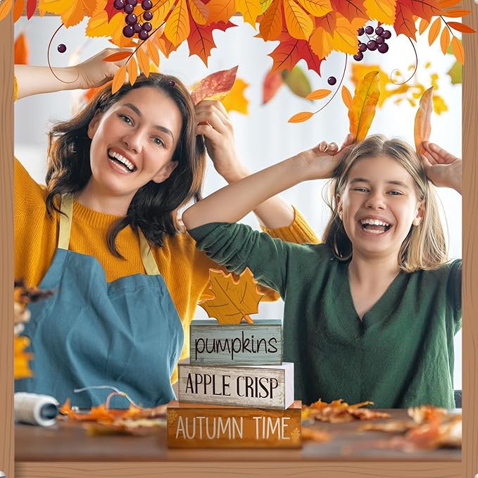 4 Pcs Thanksgiving Decoration for Home Wooden Maple Leaf Fall Tiered Tray Decor Thanksgiving Centerpiece Rustic Decorative Maple Leaf Block Signs Gift Farmhouse Autumn Decoration for Home