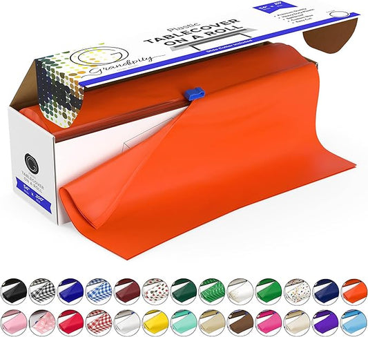Grandipity Plastic Tablecloth Roll - 54in x 300 Ft. Orange Plastic Table Cloths for Parties Disposable with Cutter Box - Cut to Size Disposable Tablecloth Table Cover for Rectangle & Round