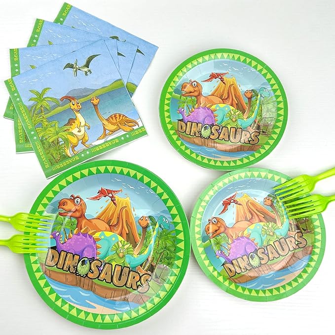 96 PCS Dinosaur Party Supplies - Birthday Tableware Set With Plates, Napkins, Forks for 24 Guests - Dino Themed Decorations