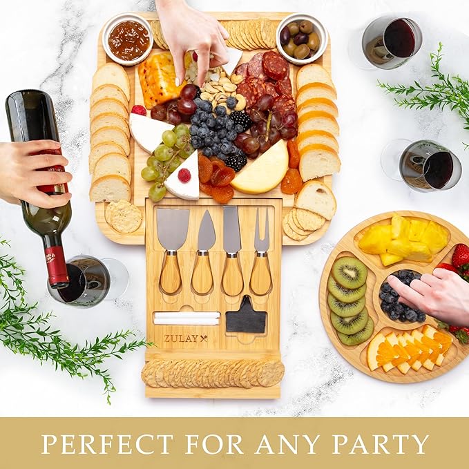 Zulay Kitchen Premium Bamboo Charcuterie Board - Extra Thick Bamboo Board with 4 Piece Knife Set - Perfect for Charcuterie, Wine and Cheese