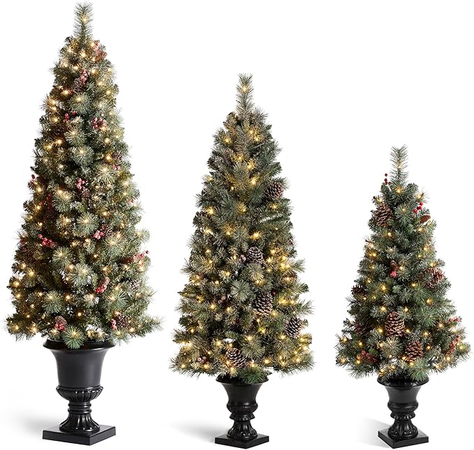 Glitzhome 4ft/5ft/6ft Pre-lit Christmas Trees Set, Artificial Christmas Trees Flocked Potted Christmas Porch Trees for Entrance with Pine Cones, Red Berries, and Warm White Lights