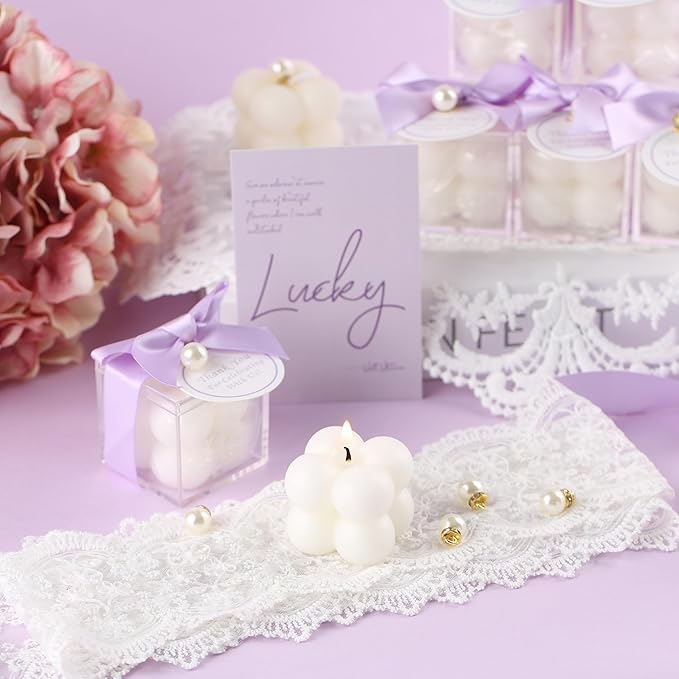 20 Pcs Small Bubble Candles Elegant Party Favors Bulk Set with Decorative Ribbons Thank You Cards for Bridal Shower Guest Gifts (20, Purple)
