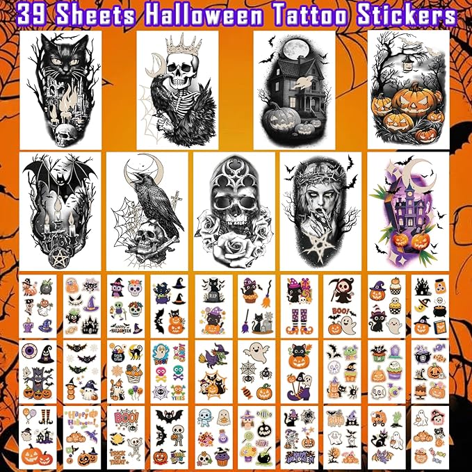 Halloween Glow Temporary Tattoos for Kids Adults, Glow In the Dark Tattoos, Pumpkin, Skull, Bat, Ghost, Witch, Crow, Cat, Horror House Half Arm Halloween Fake Tattoos Decorations