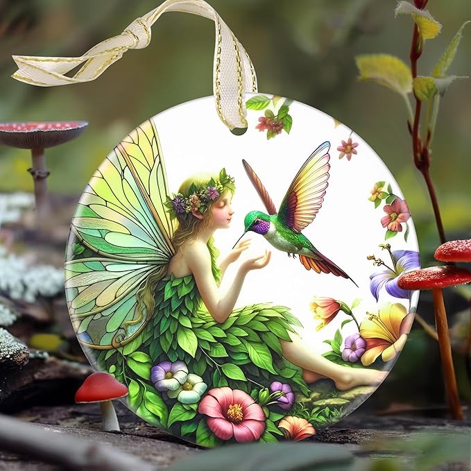 Touber Fairy & Hummingbird 3.5 Inch Ceramic Christmas Hanging Ornament for Christmas Tree Decor
