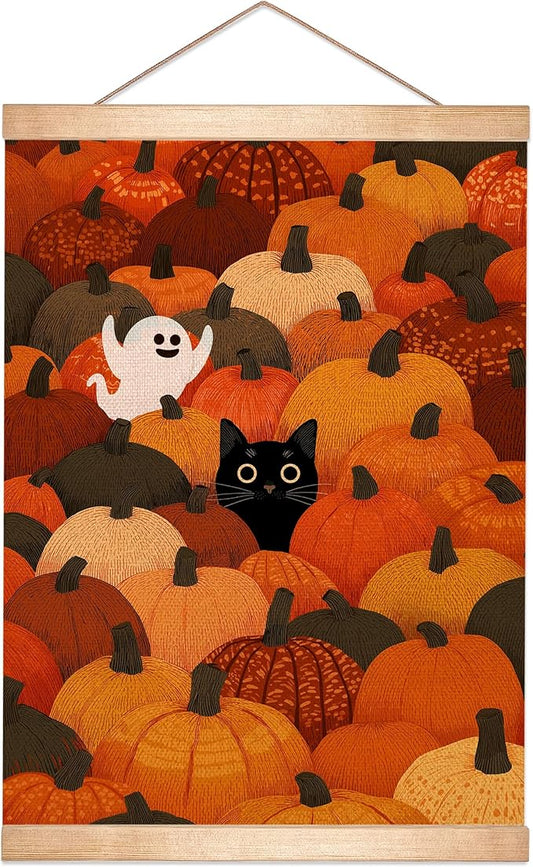 Rustic Halloween Ghost and Black Cat with Pumpkin Wall Art 18.5x14 Inch,Halloween Linen Canvas Wall Hanging Poster Decor, Retro Gothic Haunted House Theme Wall Poster for Living Room Bedroom(BLK10)