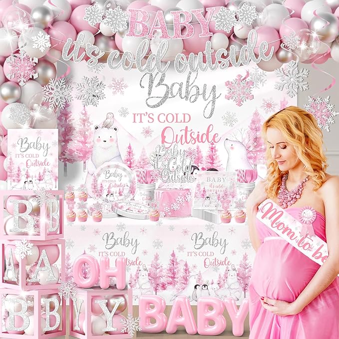 Baby Its Cold Outside Baby Shower Decorations,Pink Winter Wonderland Baby Shower Decorations Plates Napkins Cup Backdrop Banner Swirls Tablecloth Balloons Box for Girl Winter baby shower Decorations