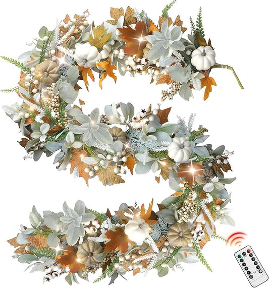 Fall Mantel Garland Decor for Home - 6 Ft Autumn Leaves Table Garlands with Lights Decorations for Thanksgiving and Halloween Leaf Centerpieces for Bedroom Tables Stair Porch Outdoor Farmhouse