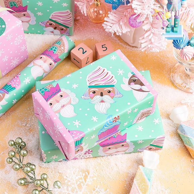 RUSPEPA Christmas Reversible Wrapping Paper Roll for Kids Girls, Mini Roll, Cute Santa Claus with Sweet Treats Design and Pink Snowflake for Holiday Gifts and Christmas Party, 17 Inches X 16.4 Feet