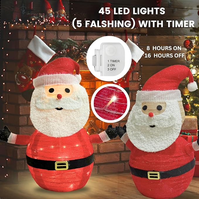 Lighted Pop-UP Christams Santa Claus Decorations, 27 Inch Santa with 45 LED Lights, Battery Powered Collapsible Pre-lit Santa for Indoor Outdoor Christmas Decorations Garden Yard Xmas Decor, Timer