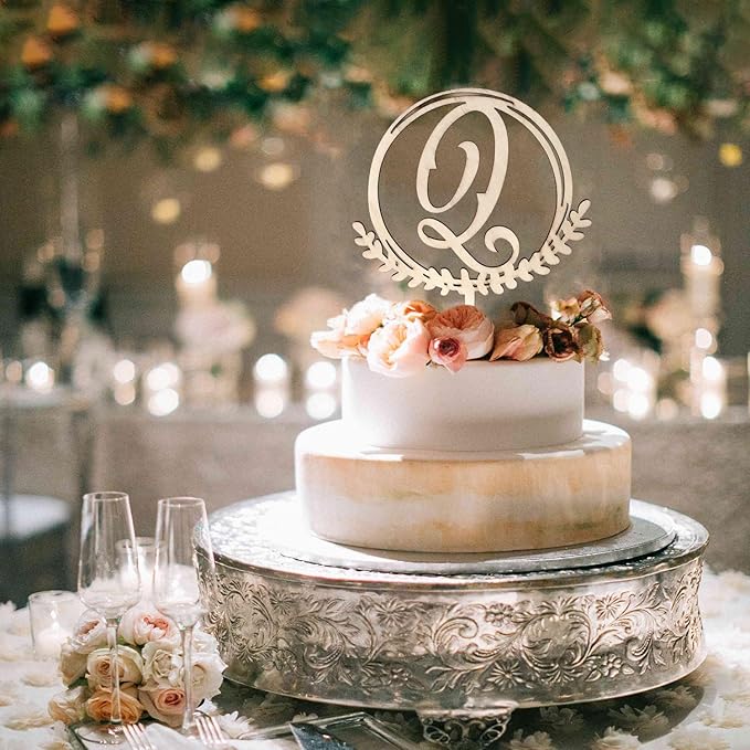 LINGTEER Personalized Inital Letter Q Wooden Cake Topper Perfect for Birthday Rustic Wedding Anniversary Keepsake Party Decoration