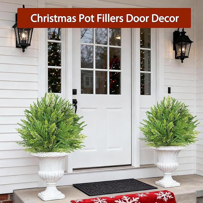 Mixed Branches - 2 Pack 24" Artificial Christmas Topiary with Spike Lifelike Norfolk Pine Cypress Tips Fake Ball Bush Plants Christmas Pot Fillers Front Porch Door Garden Indoor Outdoor decorations