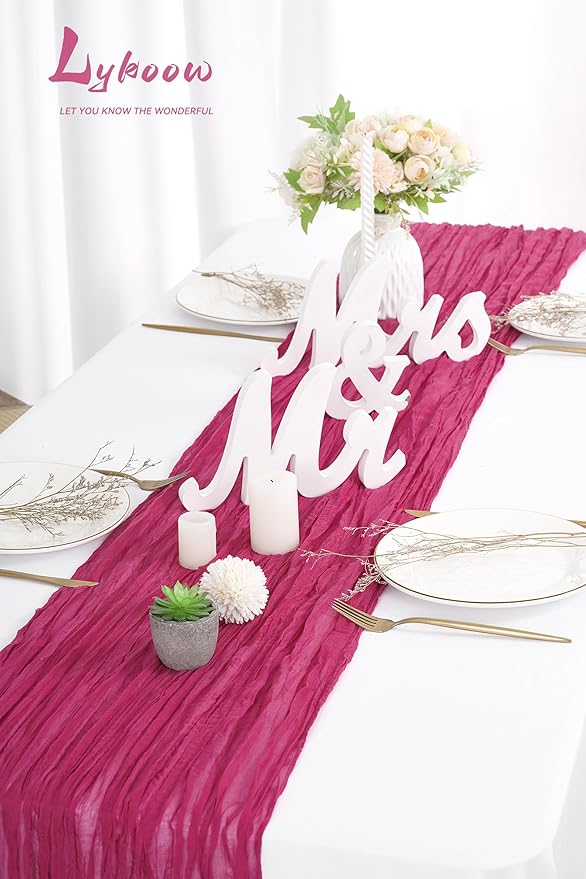10 Packs Cheesecloth Table Runner Hot Pink, 10Ft x 35" Rose Red Rustic Gauze Boho Wedding Table Runner Decoration, Wedding Table Decor Table Cloth for Wedding Party Bridal Shower Table