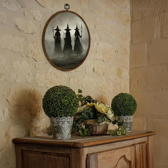 Funny Halloween Witchs Round Wall Art,Gothic Canvas Wall Hanging Decor, Spooky Farmhouse Vintage Round Wall Art for Bedroom Living Room Entryway, Rustic Witch Gothic Wall Decor,Gift for Halloween (Dark-witch)