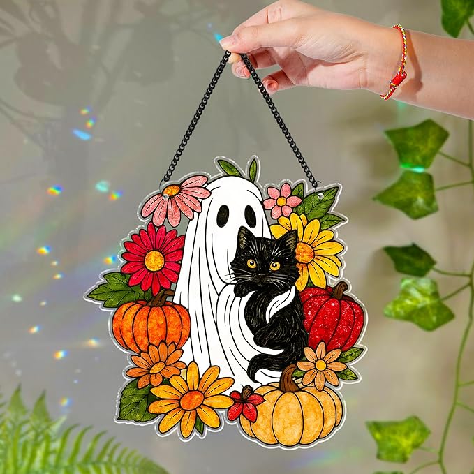 Cute Ghost Black Cat Halloween Decoration, Spooky Floral Boo Suncatcher Window Hanging, Fantasy Ghost and Pumpkin Ornaments, Gothic Housewarming Autumn Gifts for Mom, Plant Lovers, Cat Mom, Women