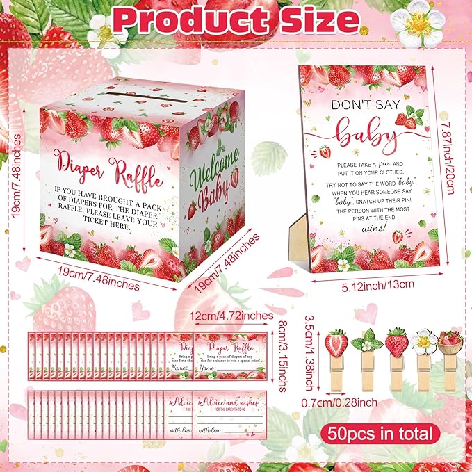 102 Pcs Baby Shower Game Supplies Diaper Raffle Tickets with Diaper Raffle Card Box Don't Say Baby Sign Mini Clothespin Baby Shower Game Decor for Baby Shower Gender Reveal(Strawberry)
