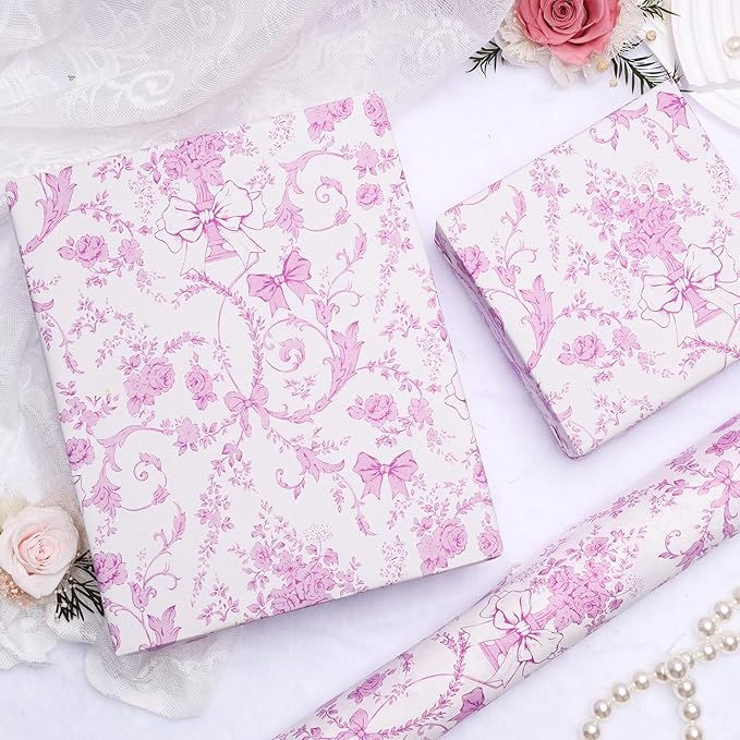 LaRibbons Pink Bow Floral Wrapping Paper Roll – 17 inch x 33 feet, Vintage Toile Stone Paper Design for Wedding, Baby Girl Shower, Bridal Gift Wrap, Valentine's Day, Christmas