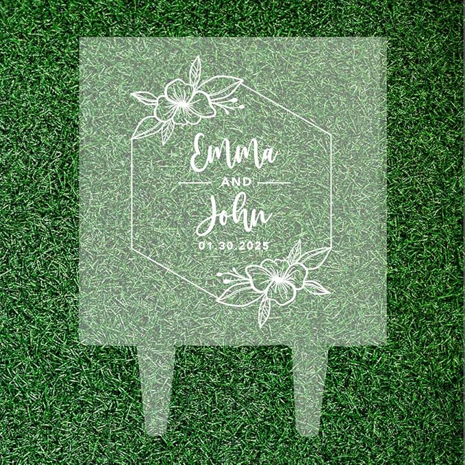 Andaz Press Tropical Geometric Hibiscus Custom Wedding Cake Topper, Acrylic Square Personalized Couple Cake Topper