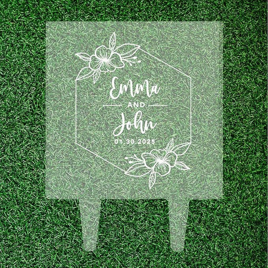 Andaz Press Tropical Geometric Hibiscus Custom Wedding Cake Topper, Acrylic Square Personalized Couple Cake Topper