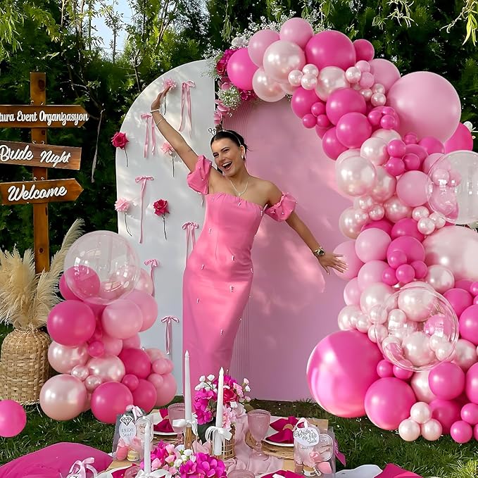 Hot Pink Balloon Arch Kit 101Pcs Double Stuffed Pearl Pink Light Pink Clear Balloon Different Size for Princess Wedding Birthday Baby Shower Bachelorette Party Decorations