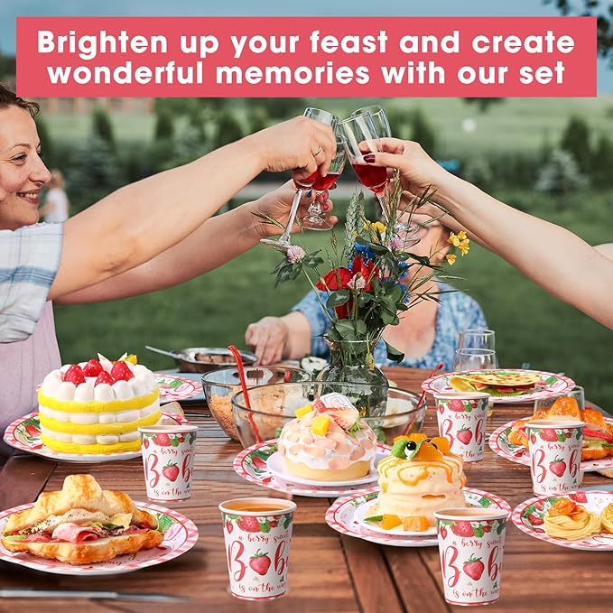 250 Pcs Strawberry Baby Shower Party Supplies for Girls Strawberry Paper Plates Napkins and Cups Party Tableware Set A Berry Sweet Baby Is on The Way Berry Shortcake Decorations, Serves 50