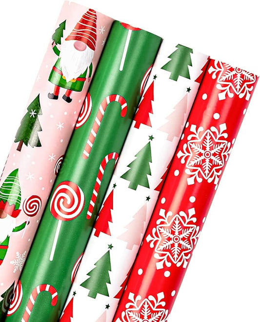 WRAPAHOLIC 30 Inch Christmas Wrapping Paper Roll - Jumbo Roll Red, Green and Pink Christmas Gnome Elf Holiday Collection - 4 Rolls - 30 Inch x 120 Inch Per Roll