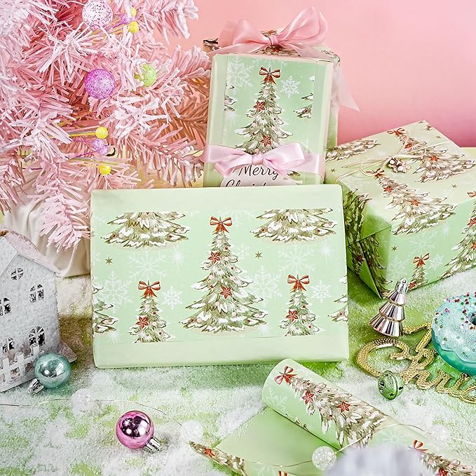 WRAPAHOLIC 30 Inch Jumbo Reversible Christmas Wrapping Paper - 30 Inch x 33 Feet - Light Green Christmas Tree Wrapping Paper for Xmas Holiday, Party Celebration