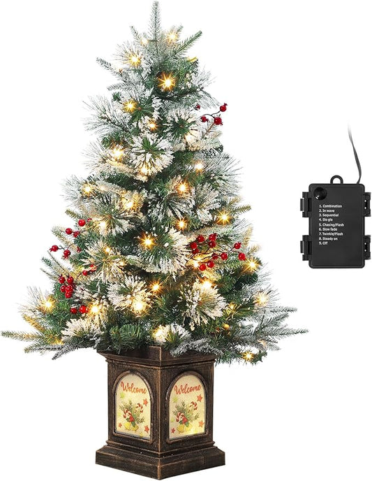 3 ft Prelit Premium Snow Flocked Artificial Christmas Tree with 8 Mode Warm White Led, Mini Prelit Xmas Pine Tree for Christmas Decoration,Yard,Home,Office,Outdoor,Indoor