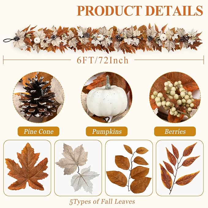 6 FT Fall Garland with Lights Automatic ON/Off Fall Leaves Mantle Garland with Pumpkins Berries Pinecones Outdoor Thanksgiving Christmas Autumn Centerpiece Decorations for Home Door Fireplace Porch