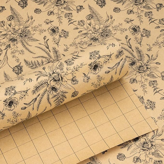 Yarcony Kraft Floral Wrapping Paper, Wildflower Wrapping Paper, Vintage Gothic Boho Black Floral Gift Wrap for Birthday, Bridal Shower, Wedding, Mother's Day, Graduation, Christmas (17 In X 33 Ft)