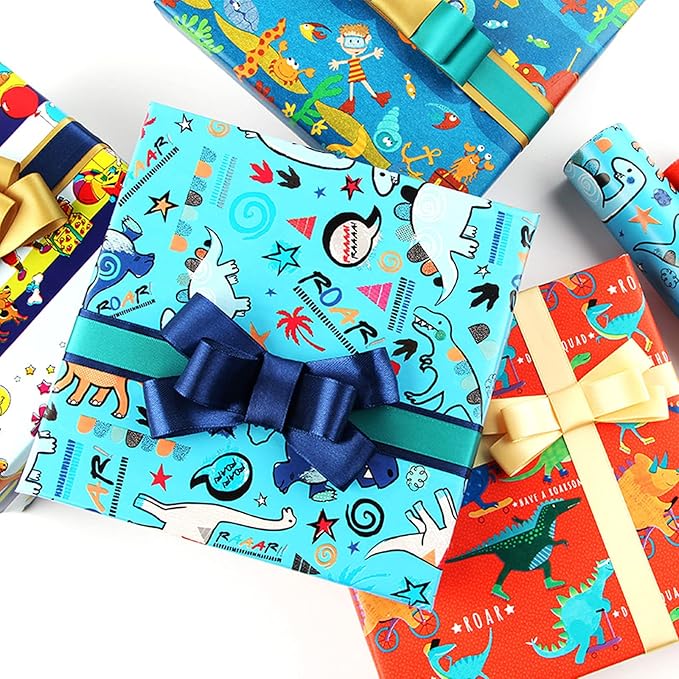 Kids Birthday Wrapping Paper for Boys & Girls - Dinosaur Animal Gift Wrap (6 Sheets 28"Lx20"W per Sheet)