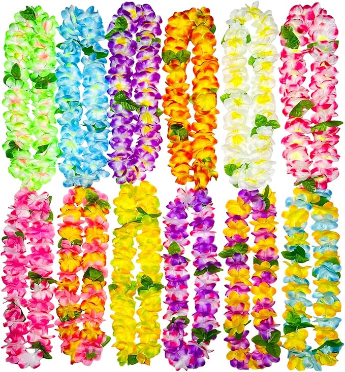 12 Counts Thickened Hawaiian Leis, Perfect Luau Party Supplies for Summer Beach Vacations, Essential Party Decorations for Birthday, Graduation, and Wedding Celebrations