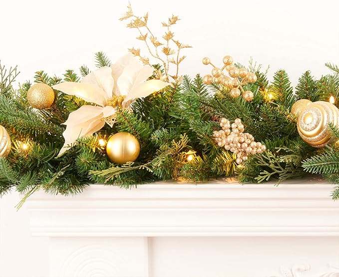 Pre-lit 9ft Christmas Garland with Gold Berries and Balls,Pine Cone,Golden Flower and 50 Battery Operated Soft White LED Lights with Timer,Artificial Holiday Decoration Door Outdoor
