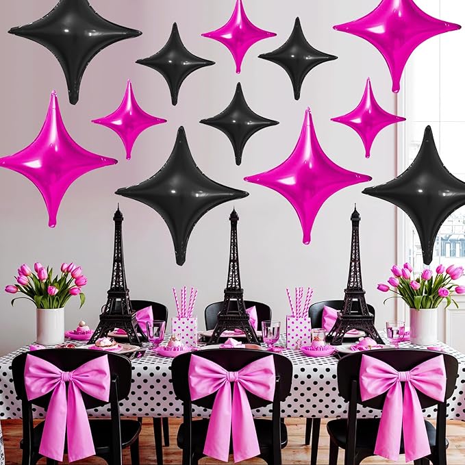 Hot Pink Black Star Balloons,12Pcs Four Angle Star Foil Balloons,26Inch and 10Inch Black and Pink Quadrangle Helium Balloon for Birthday Anniversary Party Decorations