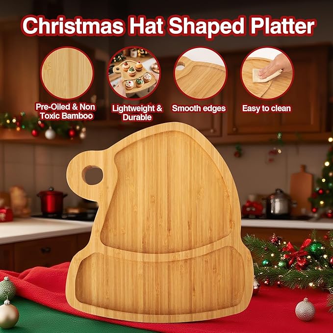 Christmas Serving Tray, Christmas Hat Shape Charcuterie Board, Bamboo Serving Platter Dish for Holiday Party Food Tray for Cheese Snack Fruit 10 x 8.7 x 0.6 Inches