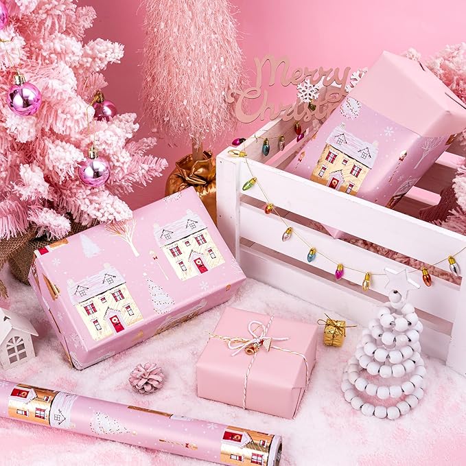 WRAPAHOLIC 30 Inch Jumbo Reversible Christmas Wrapping Paper - 30 Inch x 33 Feet - Pink House and Solid Pink Wrapping Paper with Metallic Foil Shine for Chrsitmas, Holiday, Party