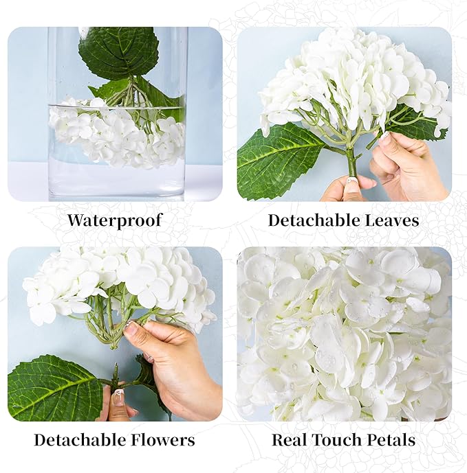 BonBloom's 4 Pcs White Hydrangea Artificial Flowers, 21" Stem Real Touch Latex Faux Hydrangeas Flowers for Tables Centerpieces, Outdoor Party Floral Arrangements Wedding Bouquets Home Decor