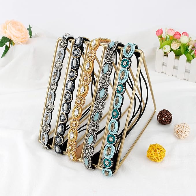 AMCAMI 5Pcs Rhinestone Beaded Headband Crystal Hairbands for Women in 5 Different Patterns - Elastic Headbands for Girls - Vintage Hair Accessories for Party Daily Wear