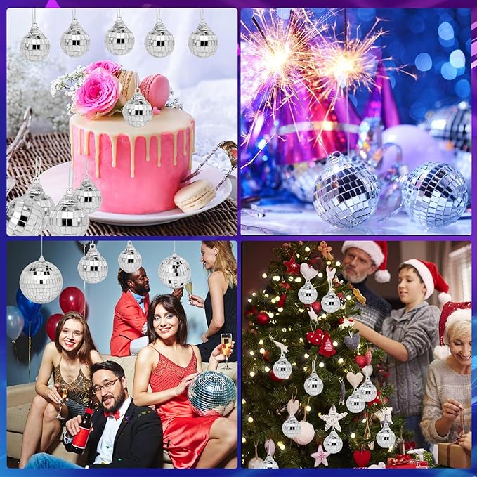 Mini Mirror Disco Ball Ornaments: Hanging Disco Ball Silver Party Decorations Set 28 Pack - Small Mirror Balls Decor for Wedding Christmas Birthday Cake Topper (1.2/1.6/2/2.4 Inch)