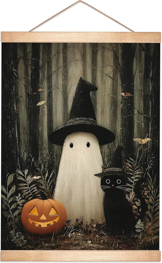 Rustic Halloween Ghost and Black Cat with Pumpkin Wall Art 18.5x14 Inch,Halloween Linen Canvas Wall Hanging Poster Decor, Retro Gothic Haunted House Theme Wall Poster for Living Room (BLK03)