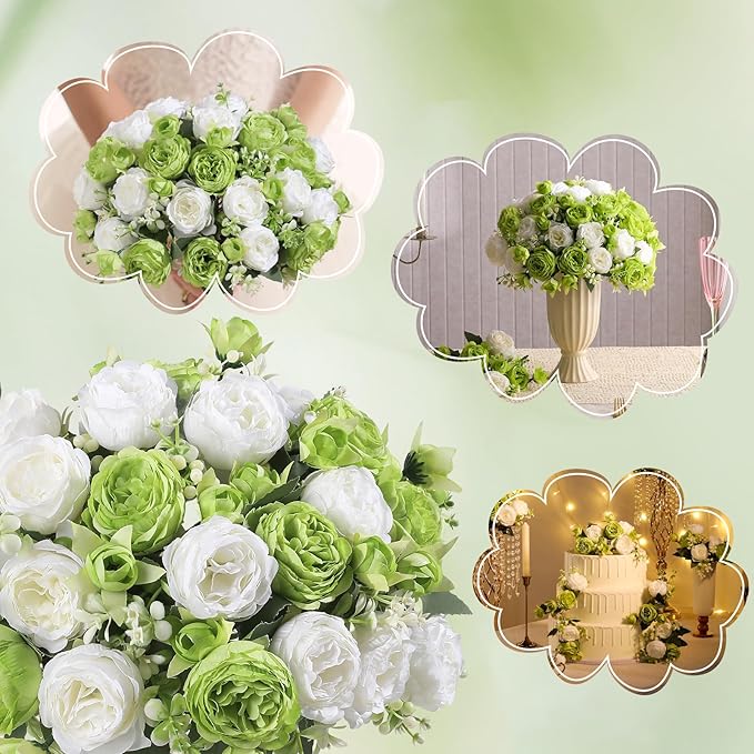 Floweroyal 4 Bunches Peony Artificial Flowers Green Flowers Silk Peonies Bouquets for Wedding Party Table Centerpieces Floral Arrangement Home Kitchen Decor