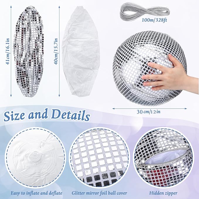 HyDren 8 Set Inflatable Disco Ball with Cover Foldable Hanging Mirror Disco Ornaments for Christmas Wedding Birthday Baby Shower Bachelorette Party Indoor Outdoor (12 Inch)