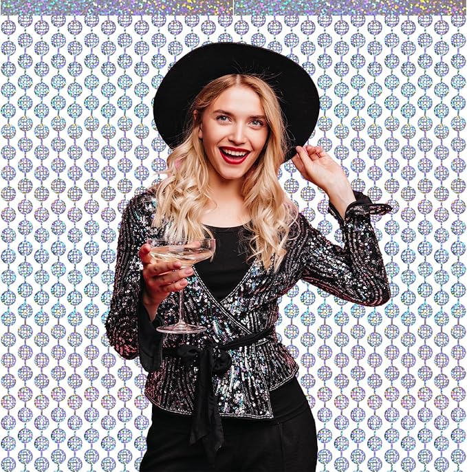 GOER Foil Curtain Backdrop for Birthday Party | Metallic Tinsel Photo Booth Props for Bachelorette Party | New Year Eve,Graduation Party Decorations (Silver Disco Ball, 2 Count (Pack of 1))