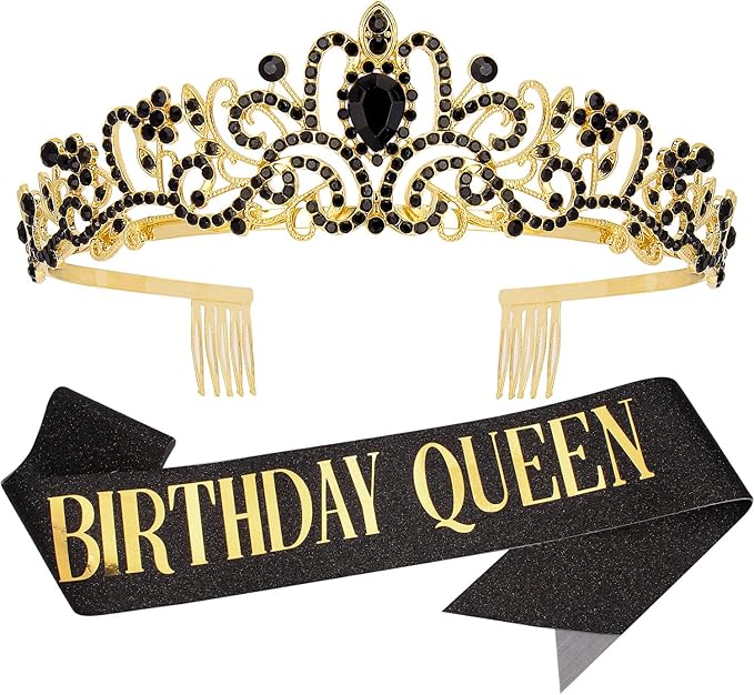 Black & Gold Party Decorations - Happy Birthday Crown Tiara Sash, Women's Party Supplies