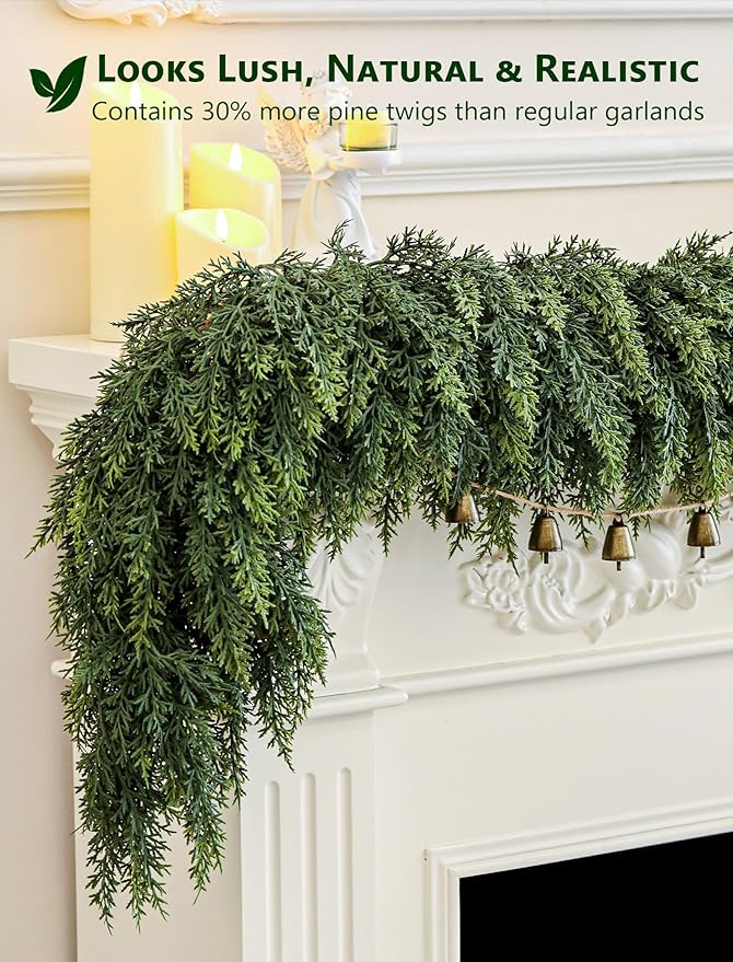 6Ft Real Touch Christmas Cedar Garland, Realistic Full Cedar Garland with Bells Decor, Green Artificial Pine Needles Garlands for Mantel, Fireplace, Stairs Railing, Tables, Christmas Decorations