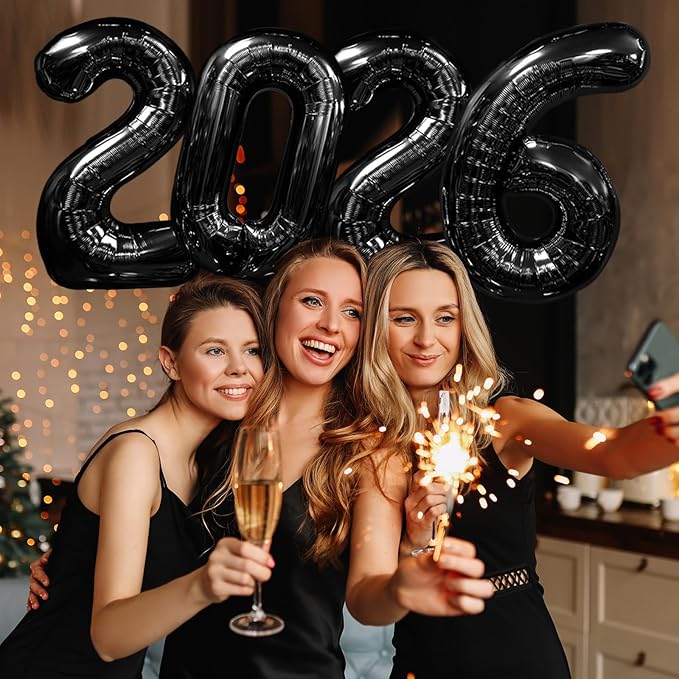 KALOR 42 Inch 2026 Black Foil Mylar Number Balloons, Giant 2026 New Years Decorations for 2026 Happy New Year Eve and Graduations Party Supplies