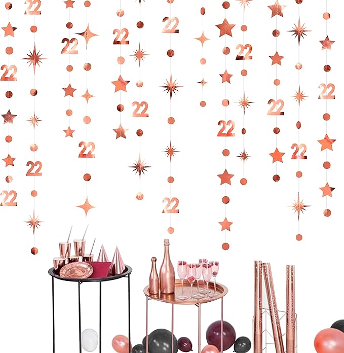 Rose Gold 22nd Birthday Decorations Number 22 Circle Dot Star Garland Streamer Bunting Banner Backdrop for Womens Feeling 22 Twenty Two Year Old Birthday Happy 22th Anniversary Party Supplies