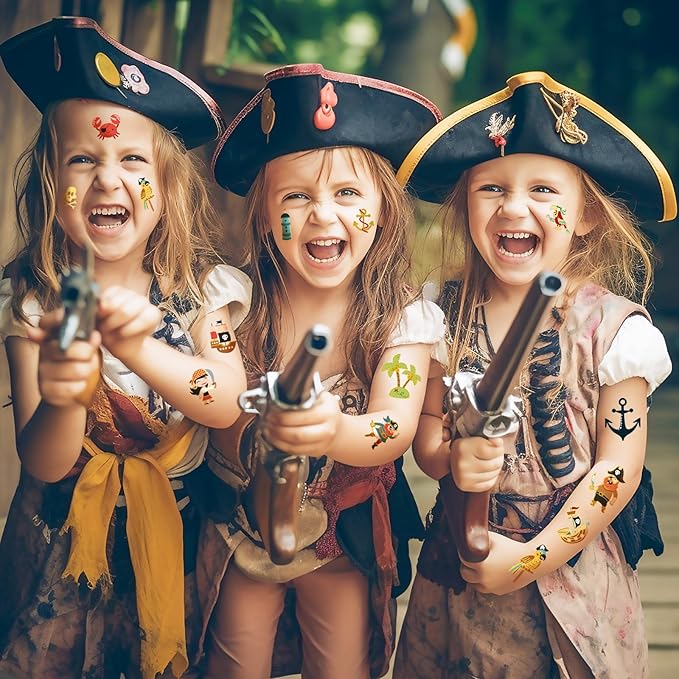 Kids Pirate Temporary Tattoo-110 Glitter Style Fake Tattoos for Boys Girls Jake Captain Skull Crew Treasure Pirate Ship Anchor Waterproof Body Face Tattoos Stickers Nautical Party Favors Decorations