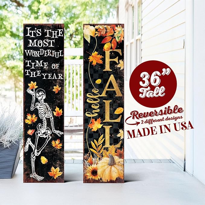 36in Fall Halloween Porch Sign - Vintage Autumn Decoration - Rustic Modern Farmhouse Entryway Decor - Reversible Design