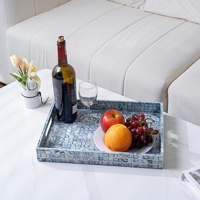 PEMAR Rectangular Mother of Pearl Serving Tray Nacre Wood Lap Ottoman Tray for Coffee Table, Luxury Decorative Handmade Eating Platters w Insert Handles (Blue)